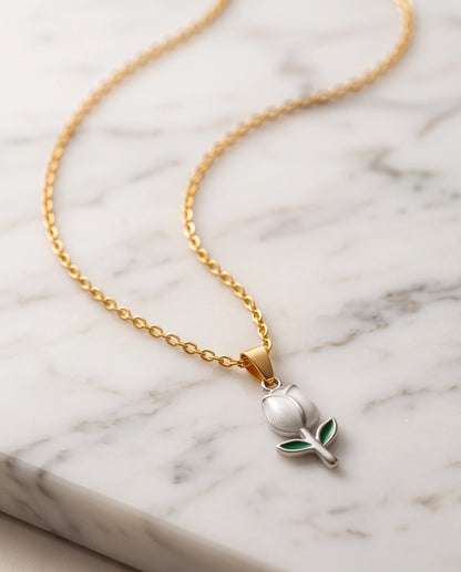 Silver White Enamel Tulip Pendant Necklace