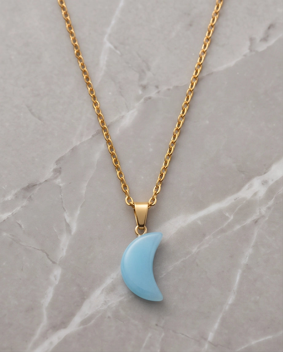 Silver Light Blue Crescent Moon Resin Pendant Necklace