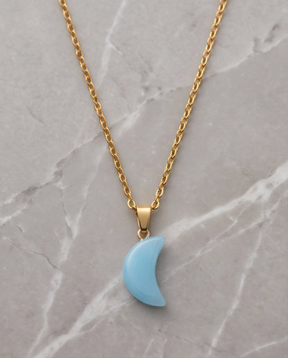 Silver Light Blue Crescent Moon Resin Pendant Necklace