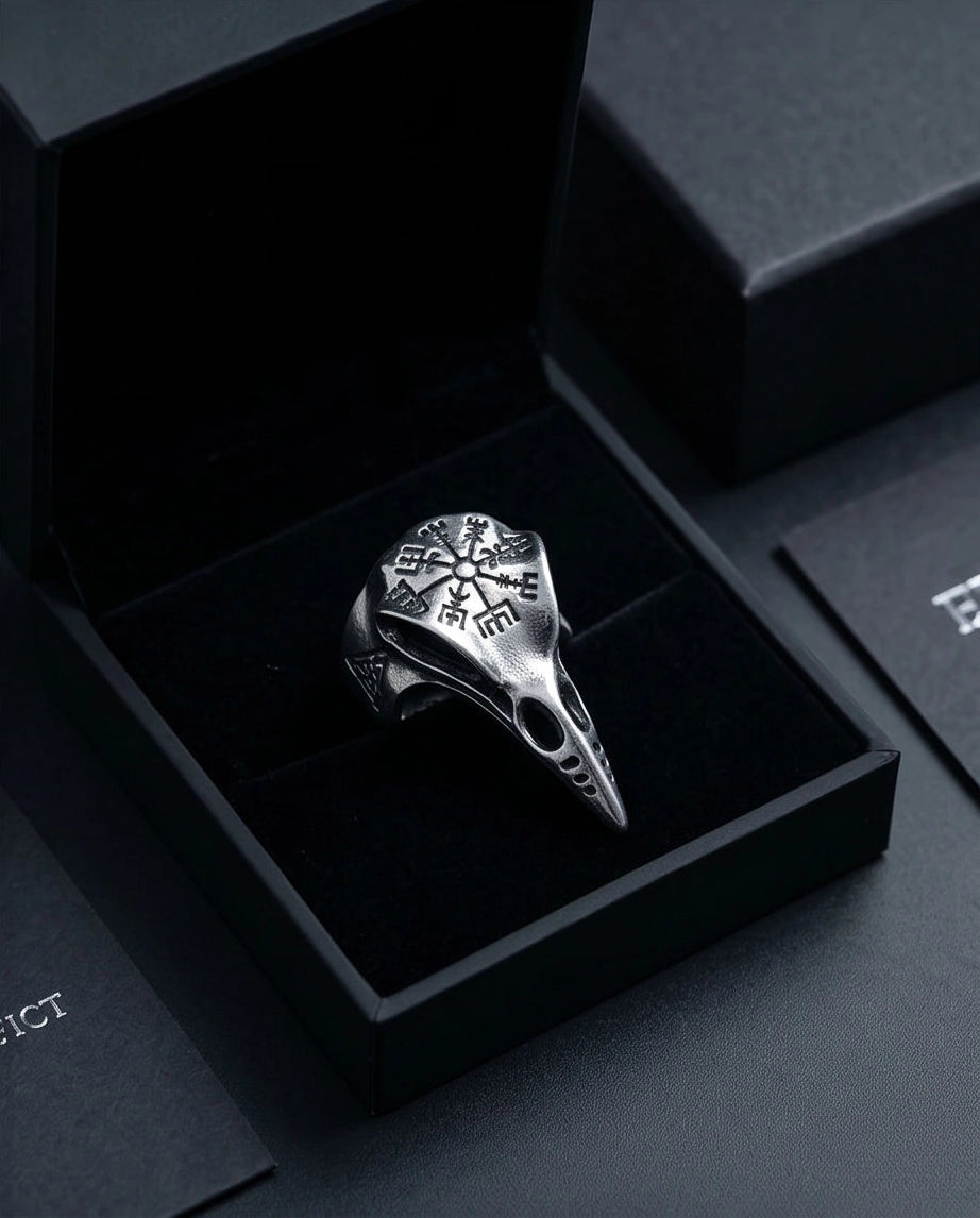 Oxidized Silver Raven Skull Vegvisir Ring