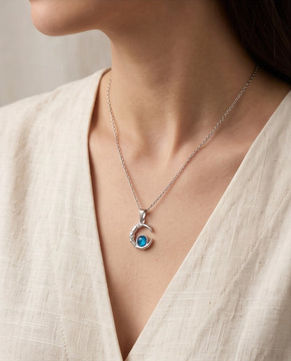 Silver Hammered Crescent Moon Blue Opal Orb Pendant Necklace