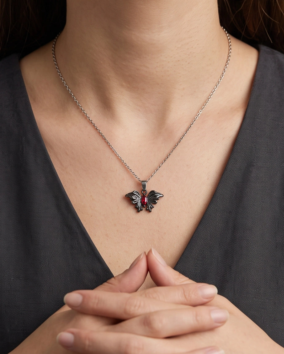 Black Gothic Butterfly Red Gem Pendant Necklace