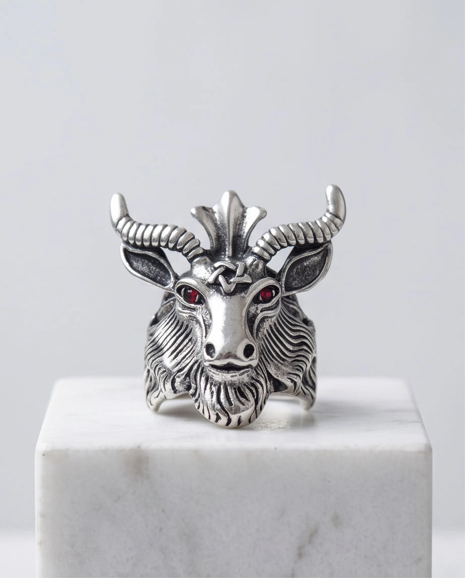 Red-Eyed Sculpted Baphomet Ram Ring