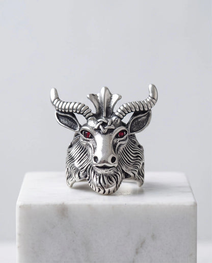 Red-Eyed Sculpted Baphomet Ram Ring