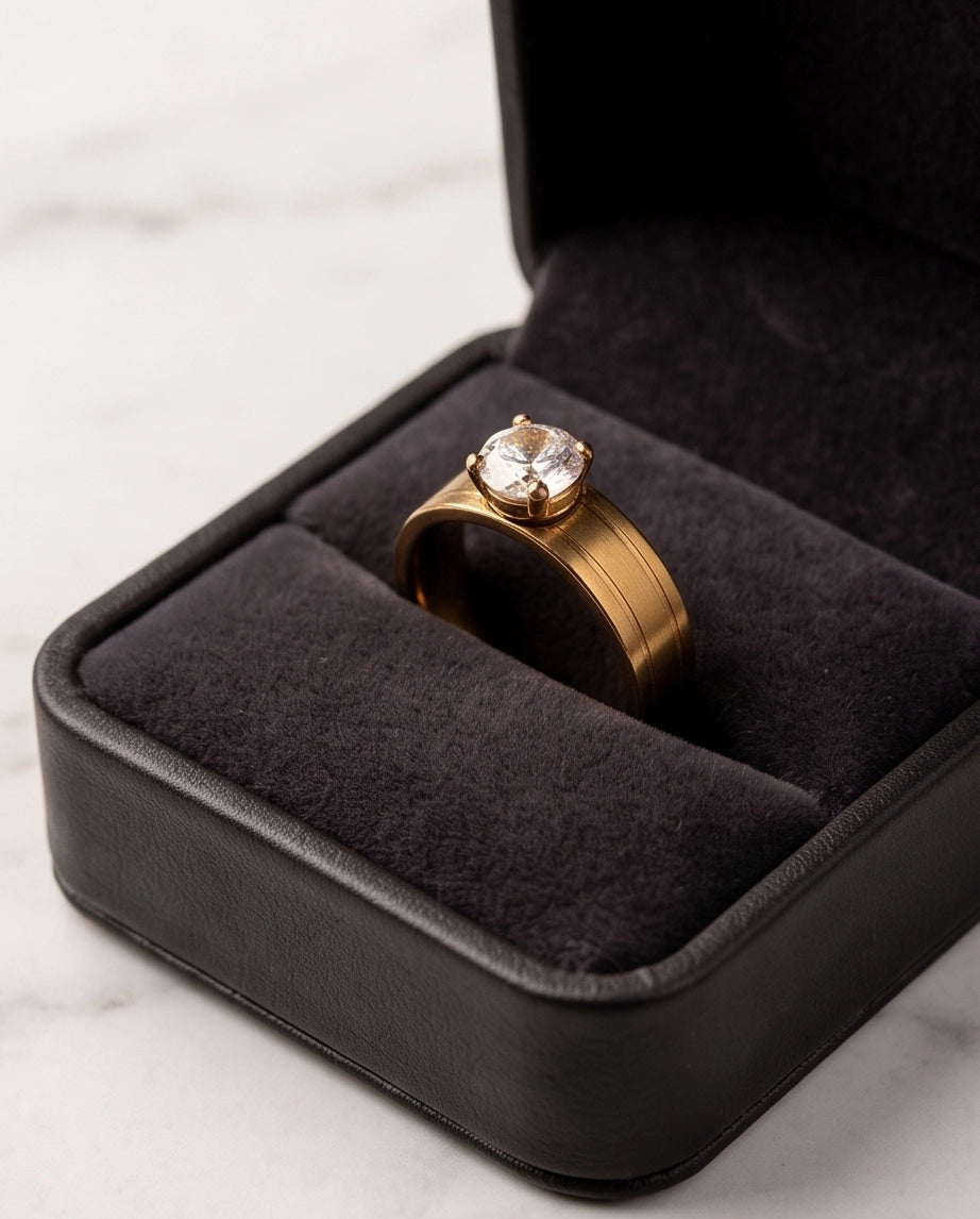 Gold Round Gemstone Wide-Band Solitaire Ring