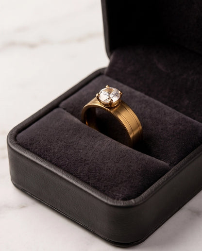 Gold Round Gemstone Wide-Band Solitaire Ring