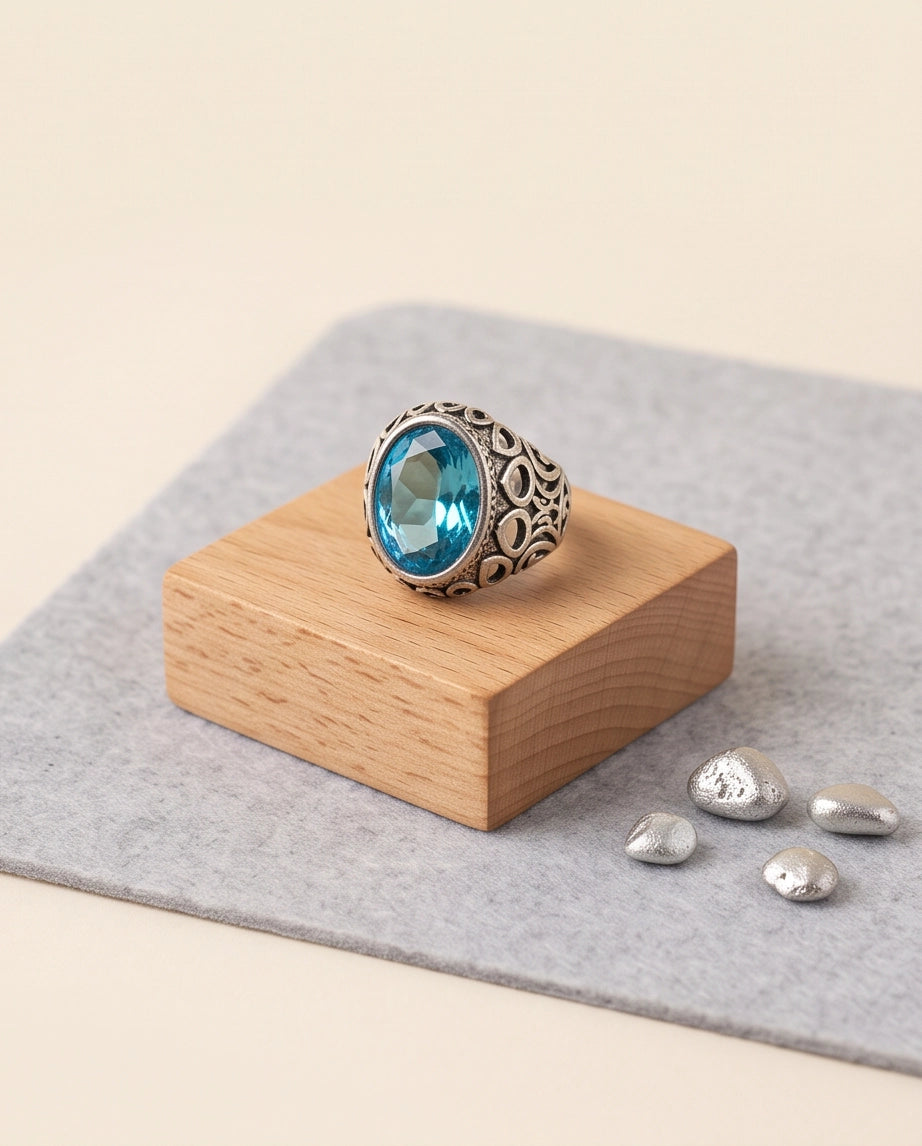 Aquamarine Oval-Cut Gemstone Openwork Scroll Silver Ring