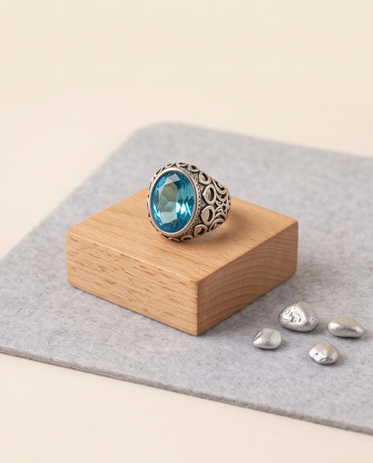 Aquamarine Oval-Cut Gemstone Openwork Scroll Silver Ring