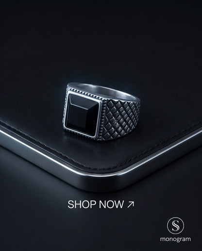 Pyramid Cut Onyx-Style Sawtooth Diamond-Mesh Silver Ring
