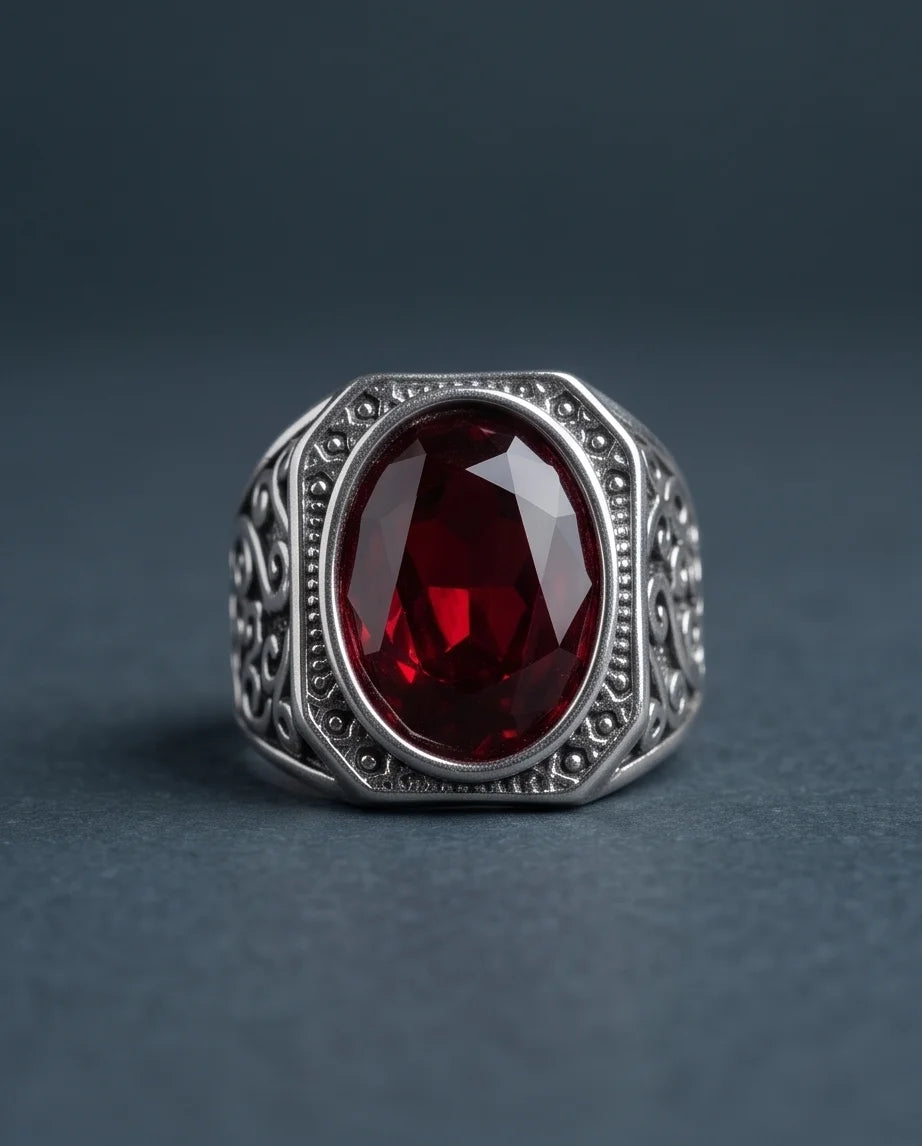 Crimson Gemstone Octagonal Bezel Scrollwork Silver Ring