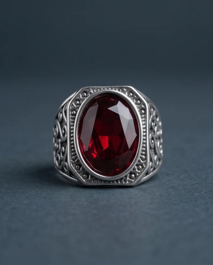 Crimson Gemstone Octagonal Bezel Scrollwork Silver Ring