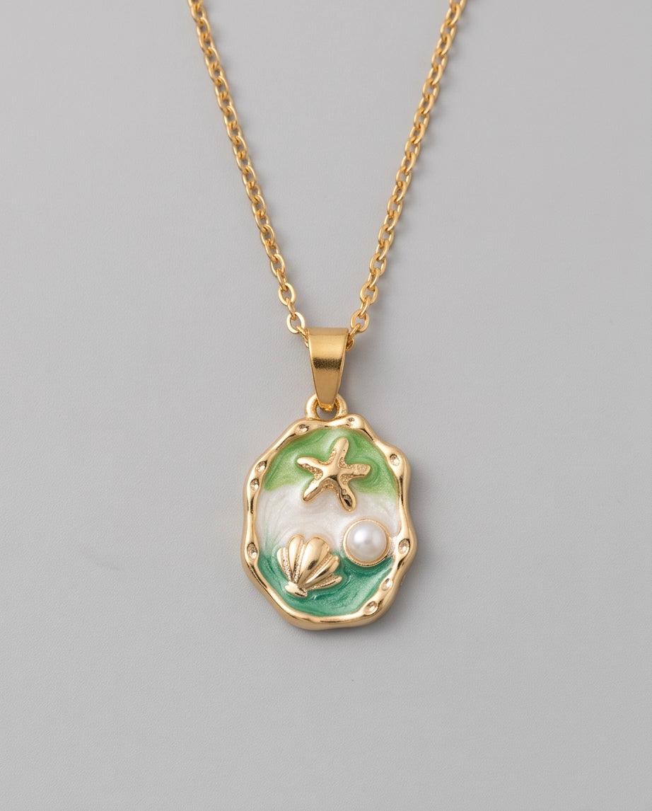 Silver Green Seashell Starfish Pearl Enamel Medallion Chain Necklace