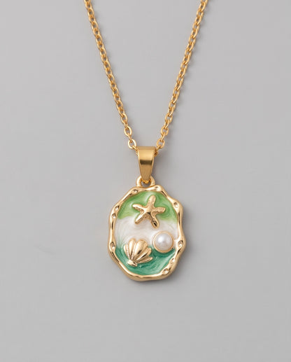 Silver Green Seashell Starfish Pearl Enamel Medallion Chain Necklace