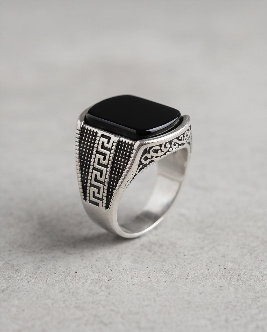 Onyx Gemstone Cushion Cabochon Greek Key Stippled Silver Ring