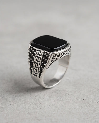 Onyx Gemstone Cushion Cabochon Greek Key Stippled Silver Ring
