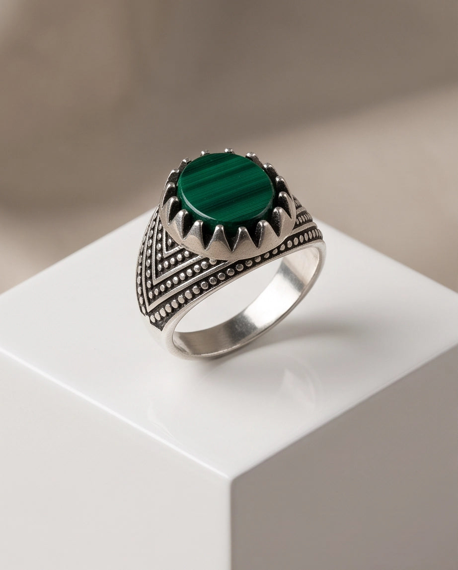 Malachite-Style Oval Cabochon Crown Bezel Chevron Stippled Silver Ring