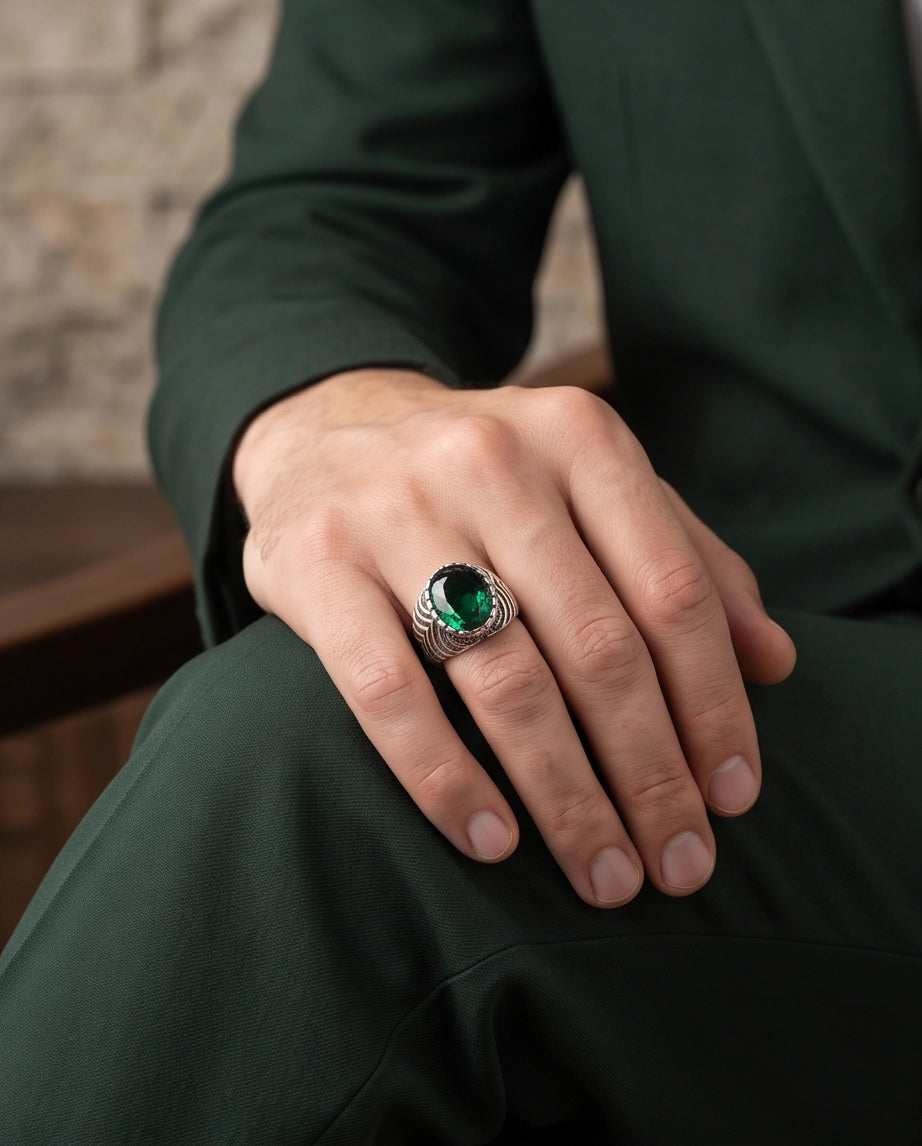 Emerald Gemstone Notched Bezel Chevron Ribbed Silver Ring