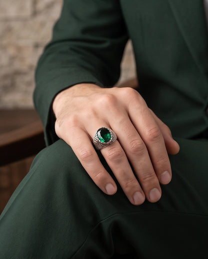Emerald Gemstone Notched Bezel Chevron Ribbed Silver Ring