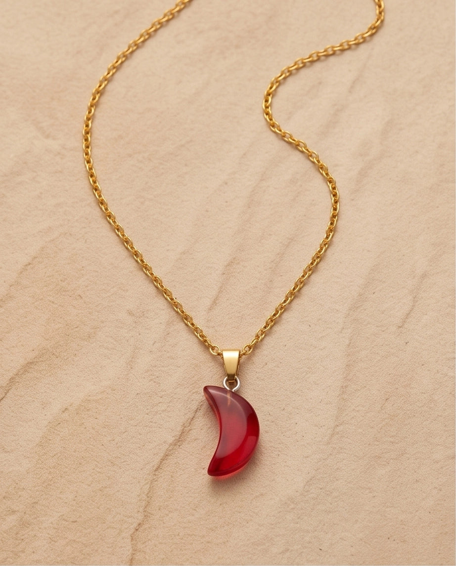 Silver Carnelian Red Crescent Moon Pendant Necklace