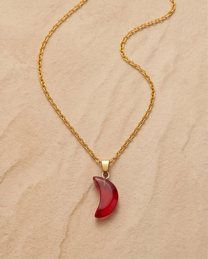 Silver Carnelian Red Crescent Moon Pendant Necklace