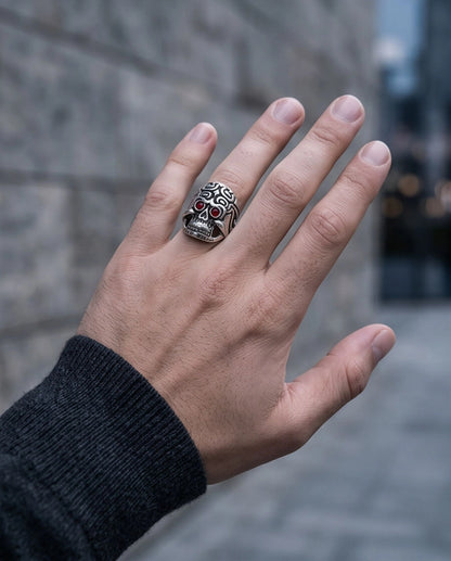 Crimson-Eyed Tribal Ornament Skull Ring