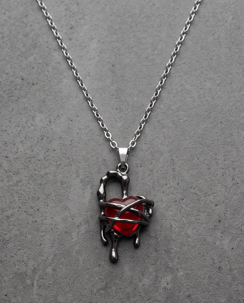 Black Thorny Dripping Heart Red Gem Pendant Necklace