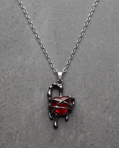 Black Thorny Dripping Heart Red Gem Pendant Necklace