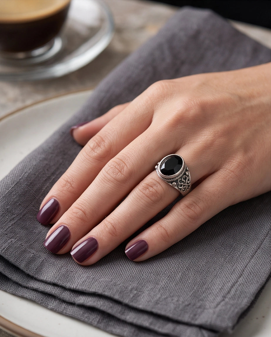 Faceted Oval Onyx-Style Beaded Bezel Filigree Silver Ring