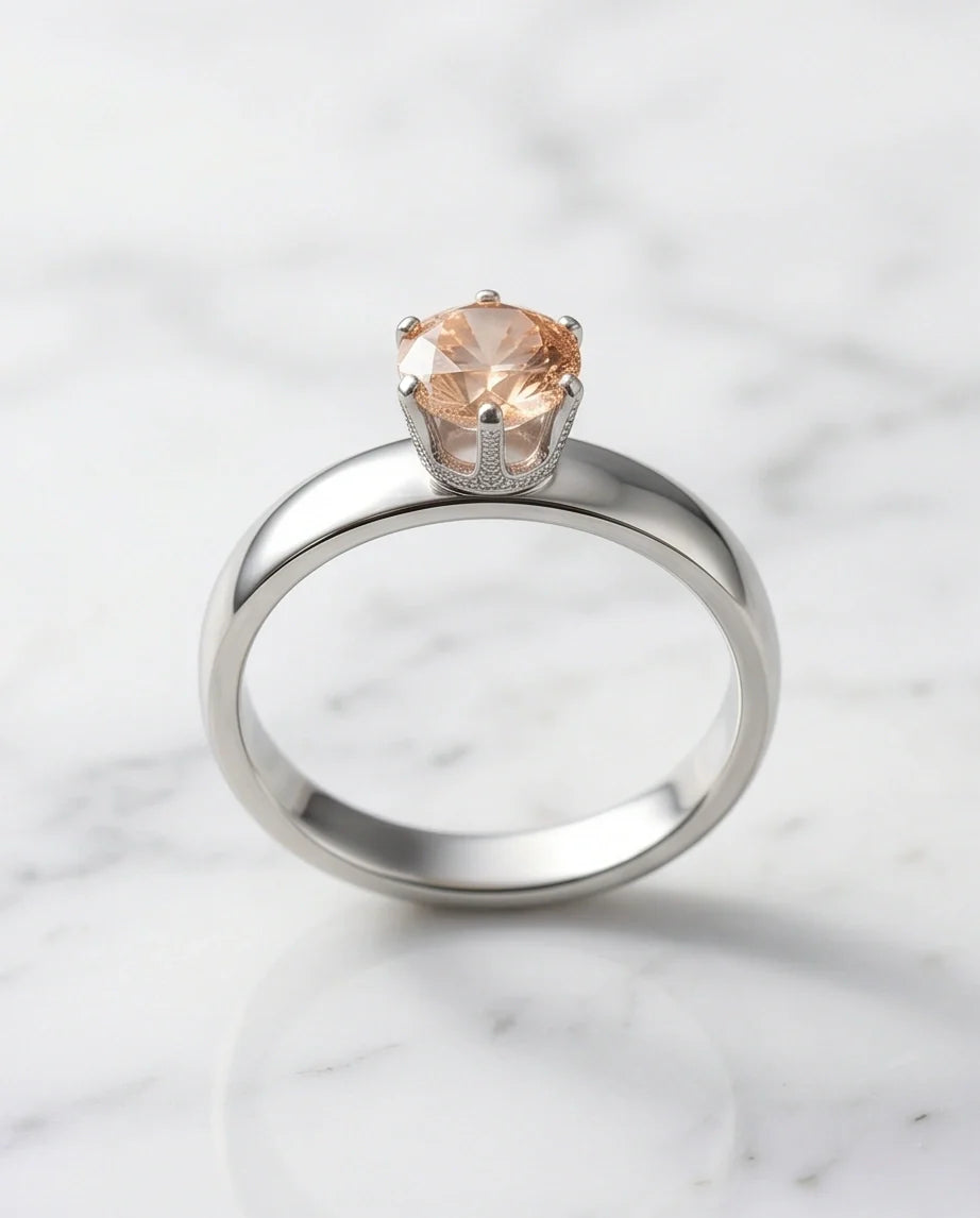 Sterling Silver Round-Cut Vintage Crown Peach Morganite Solitaire Ring