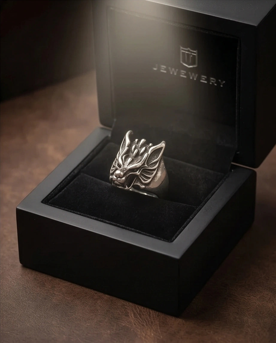 Vintage Oxidized Silver Mythical Wolf Crest Ring
