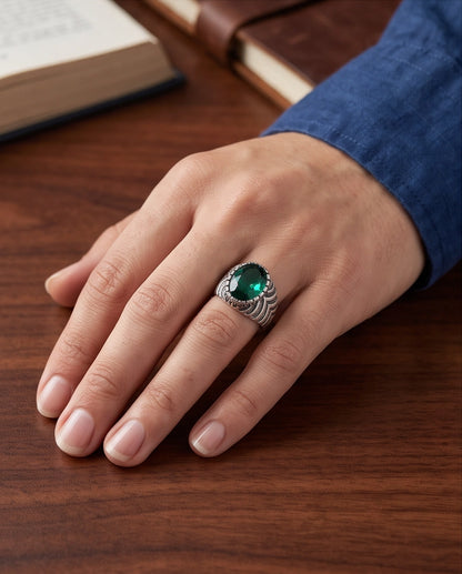 Emerald Gemstone Notched Bezel Chevron Ribbed Silver Ring