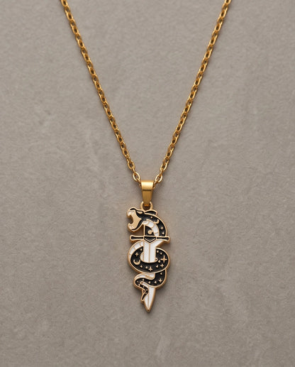 Gold Snake & Dagger Celestial Enamel Pendant Necklace
