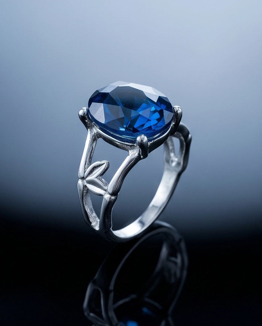 Silver Oval Sapphire Botanical Solitaire Ring
