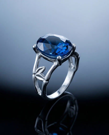 Silver Oval Sapphire Botanical Solitaire Ring