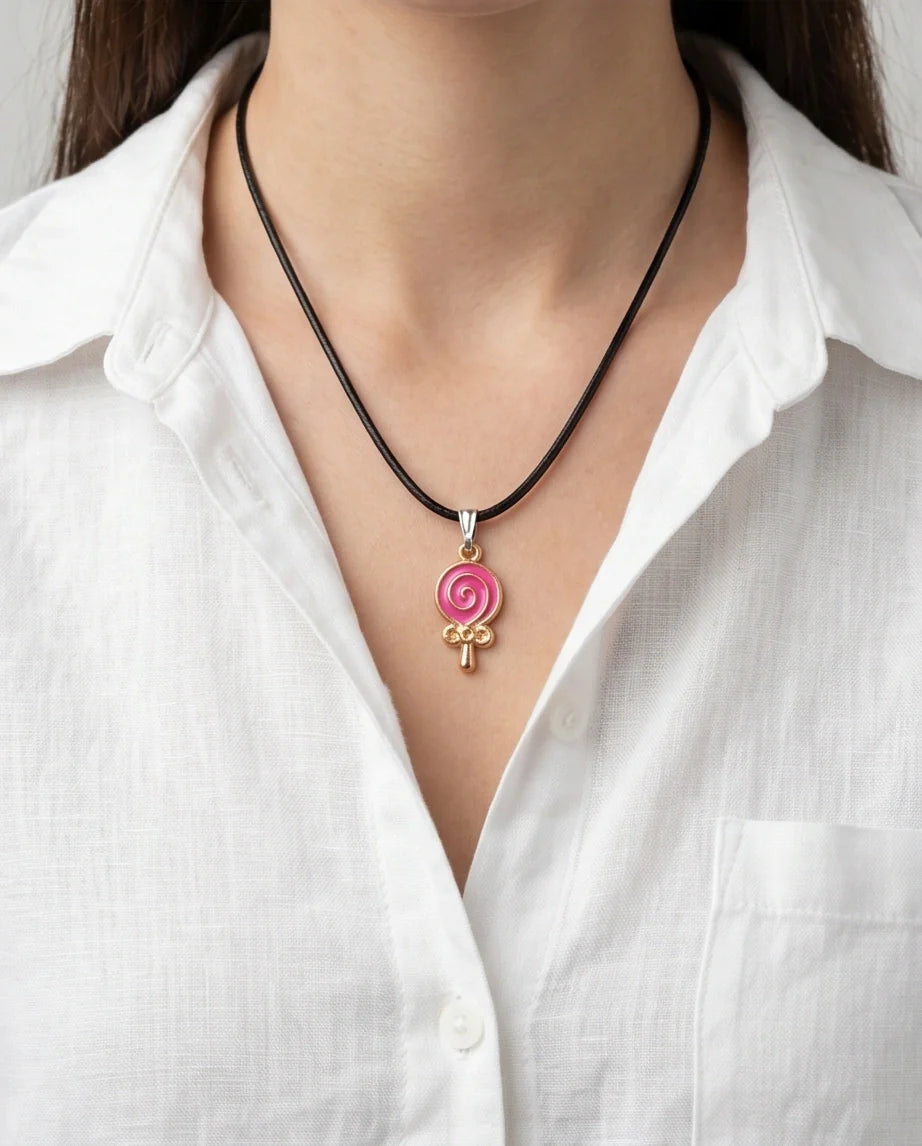 Gold and Pink Lollipop Pendant Necklace