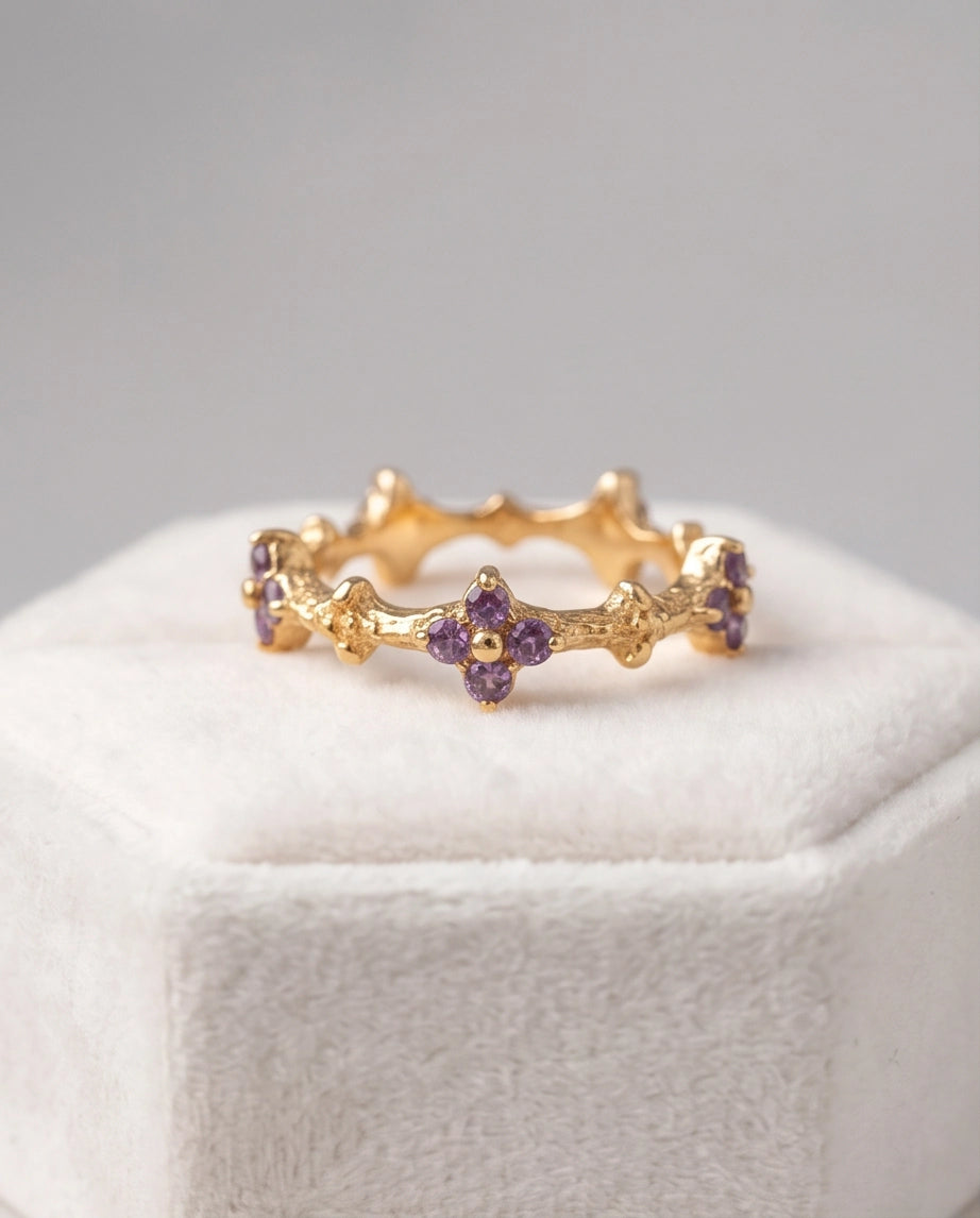 Gold Textured Floral Purple Gemstone Eternity Ring