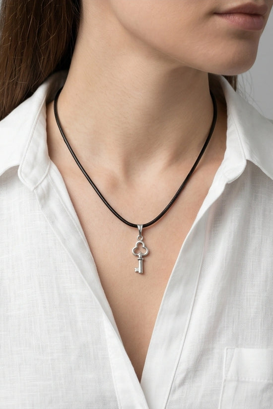 The Secret Keeper: Minimalist Silver Clover Key Pendant Necklace