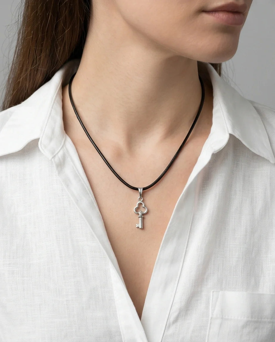 The Secret Keeper: Minimalist Silver Clover Key Pendant Necklace