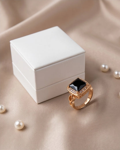 Black Onyx Cushion Halo Gold Ring