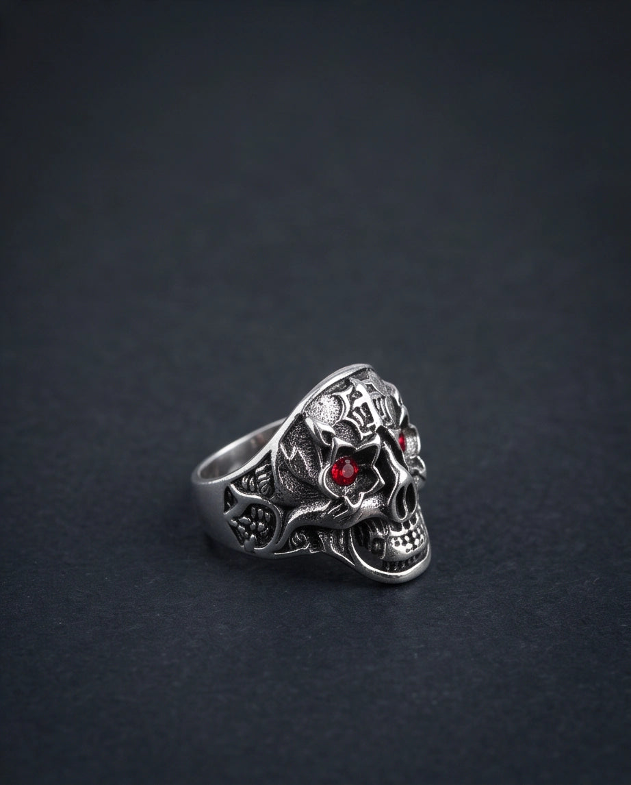 Ruby-Eyed Star-Eyed Gothic Cross Skull Silver Ring