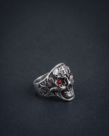 Ruby-Eyed Star-Eyed Gothic Cross Skull Silver Ring