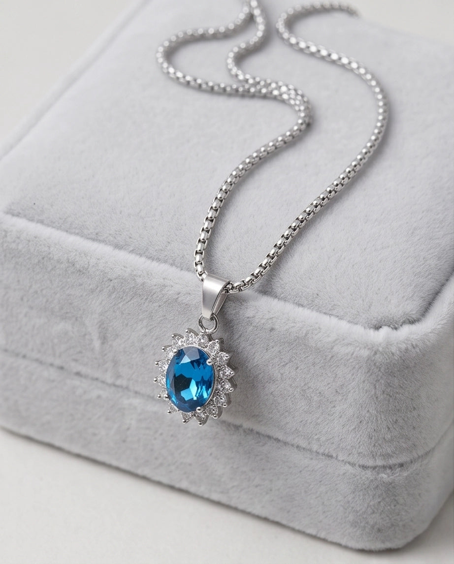 Silver London Blue Oval Halo Medallion Pendant Necklace