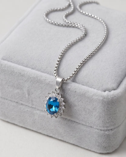 Silver London Blue Oval Halo Medallion Pendant Necklace