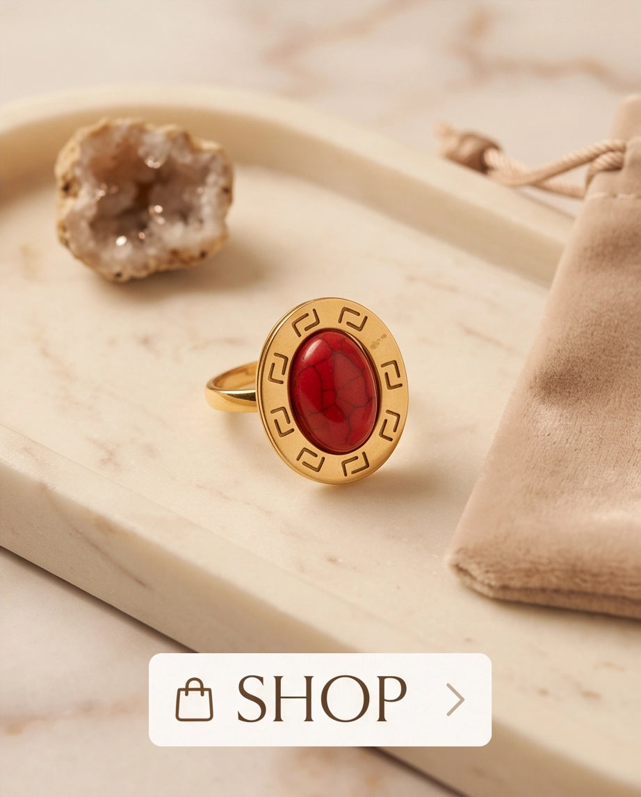 Solstice Greek Key Crimson Cabochon Ring