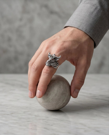 Red-Eyed Sculpted Baphomet Ram Ring