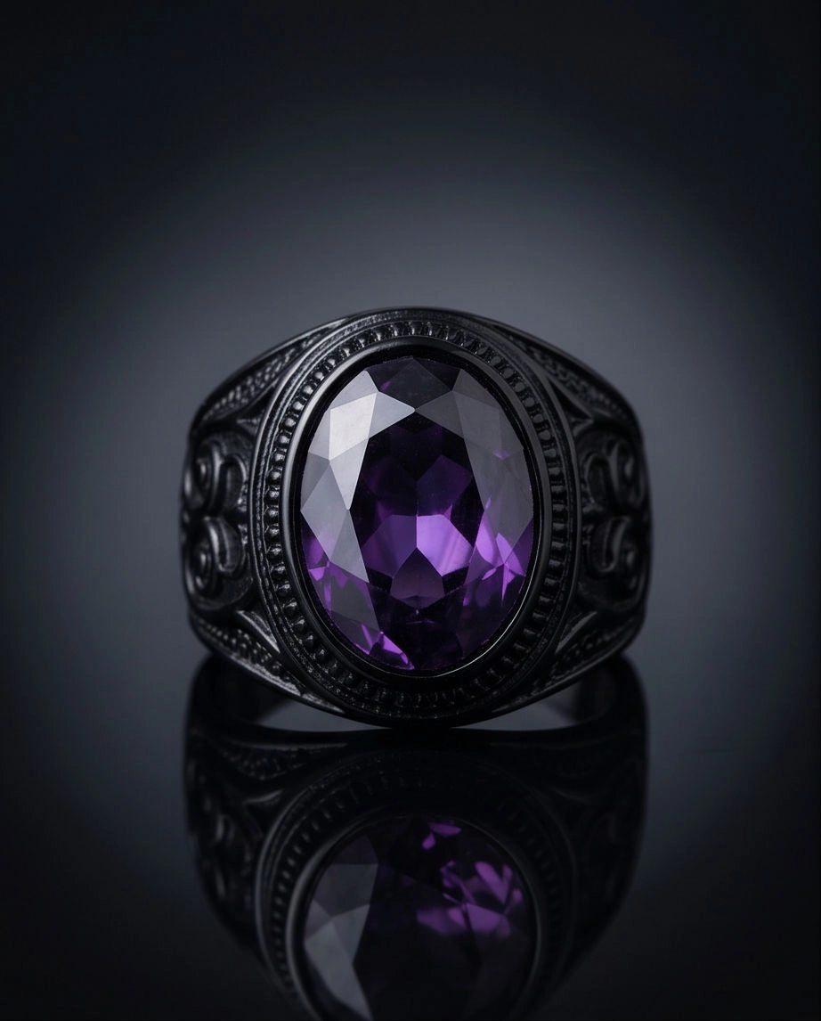 Matte Black Oval Amethyst Scroll Signet Ring