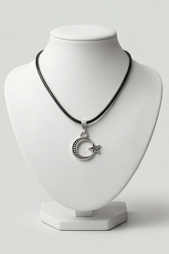 The Celestial Path: Matte Silver Crescent Moon & Star Pendant Necklace