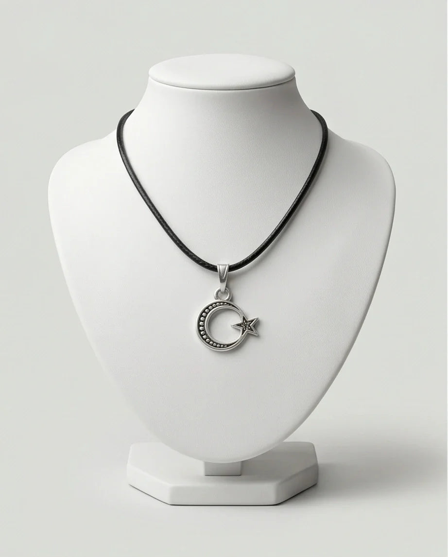 The Celestial Path: Matte Silver Crescent Moon & Star Pendant Necklace
