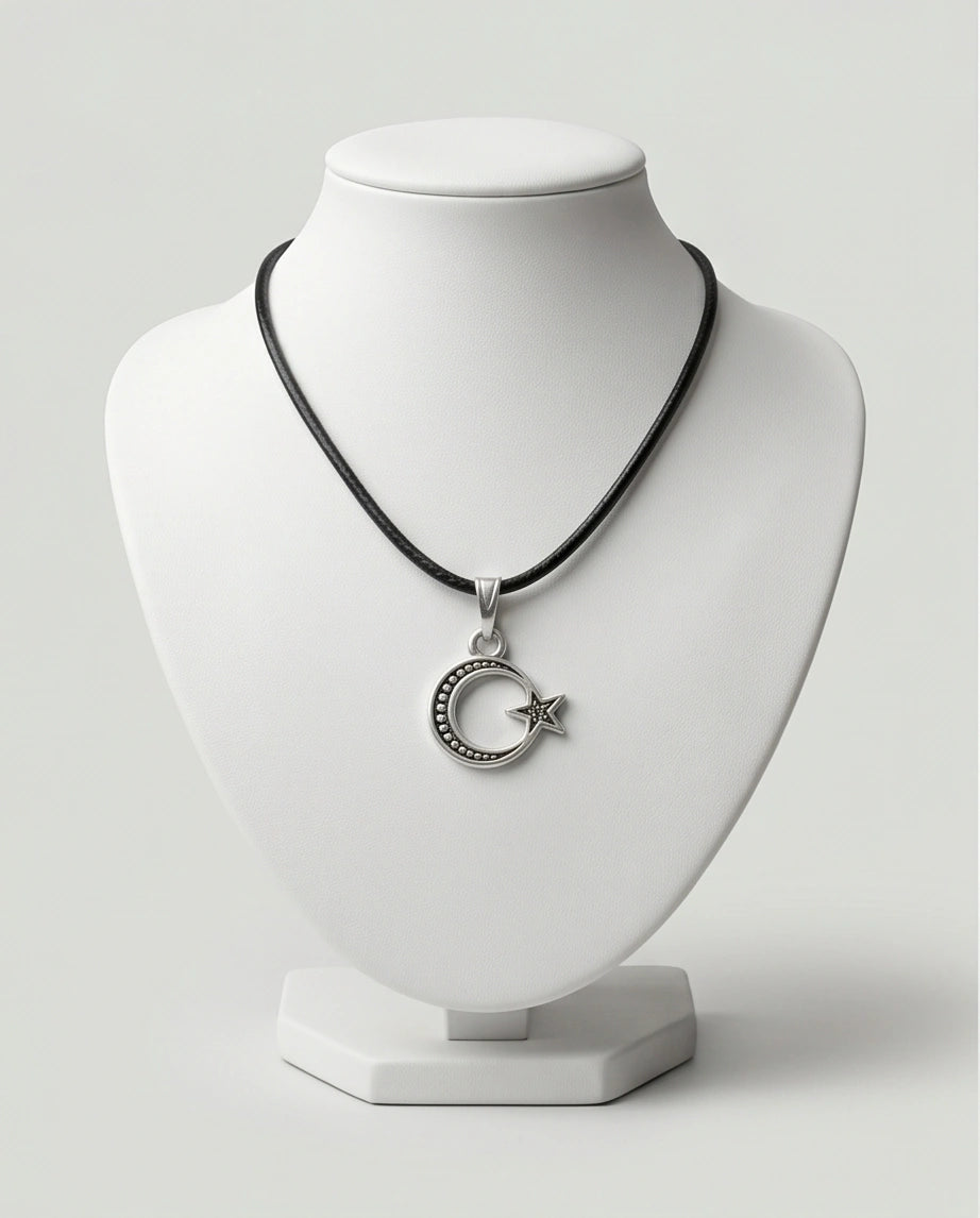 The Celestial Path: Matte Silver Crescent Moon & Star Pendant Necklace