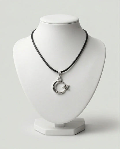 The Celestial Path: Matte Silver Crescent Moon & Star Pendant Necklace